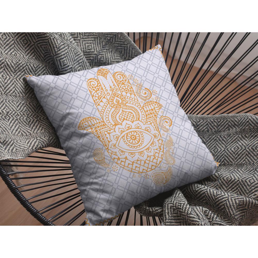18” Gold Gray Hamsa Indoor Outdoor Throw Pillow. Picture 3