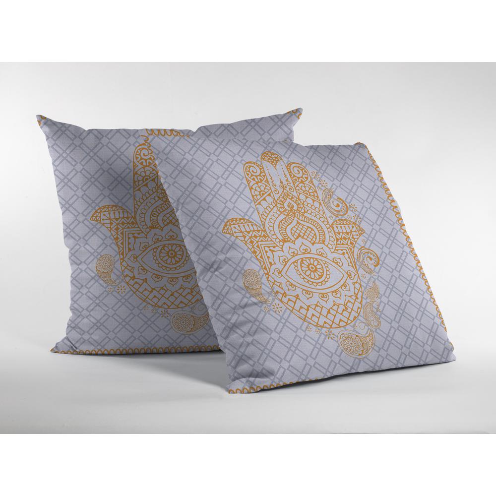 18” Gold Gray Hamsa Indoor Outdoor Throw Pillow. Picture 2