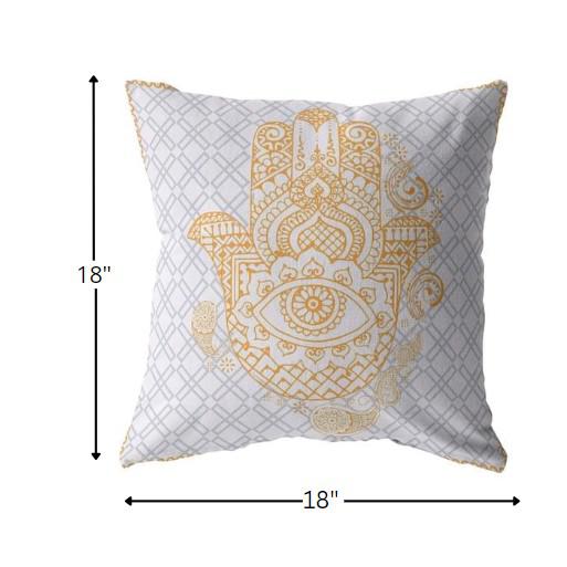 18” Gold Gray Hamsa Indoor Outdoor Throw Pillow. Picture 5