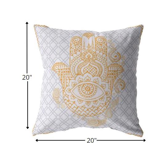 20” Gold Gray Hamsa Indoor Outdoor Throw Pillow. Picture 5