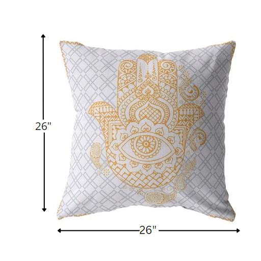 26” Gold Gray Hamsa Indoor Outdoor Throw Pillow. Picture 5