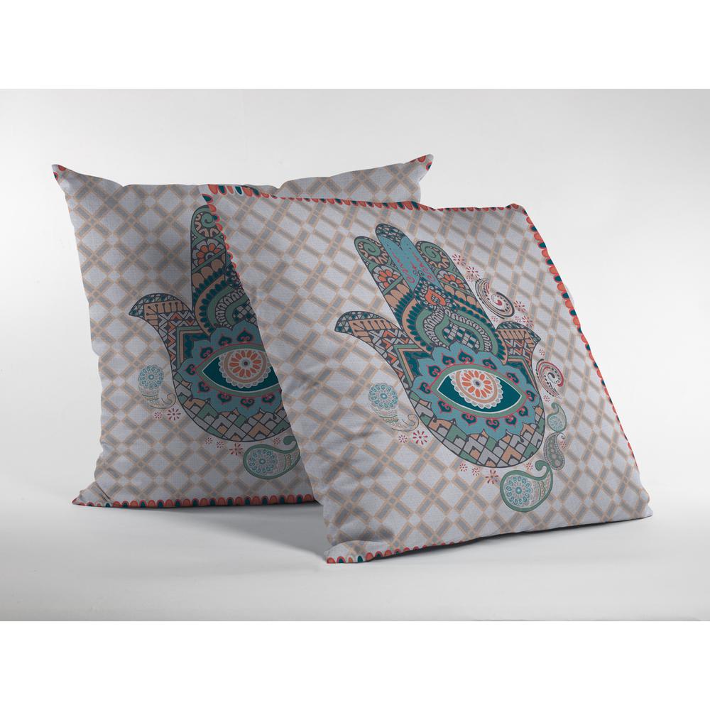 16” Blue Gray Hamsa Indoor Outdoor Throw Pillow. Picture 2