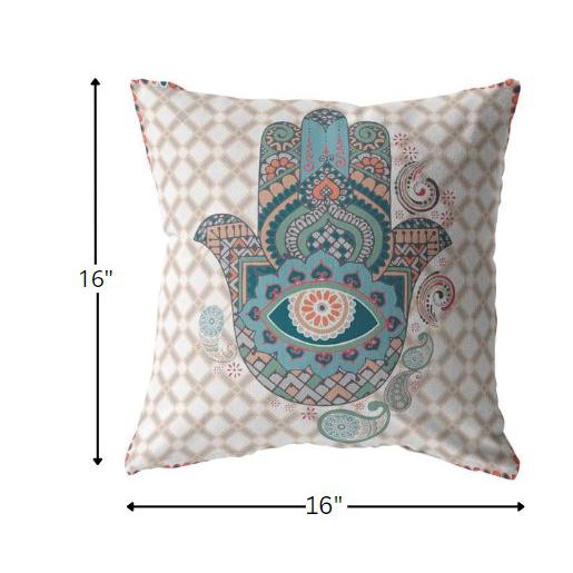 16” Blue Gray Hamsa Indoor Outdoor Throw Pillow. Picture 5