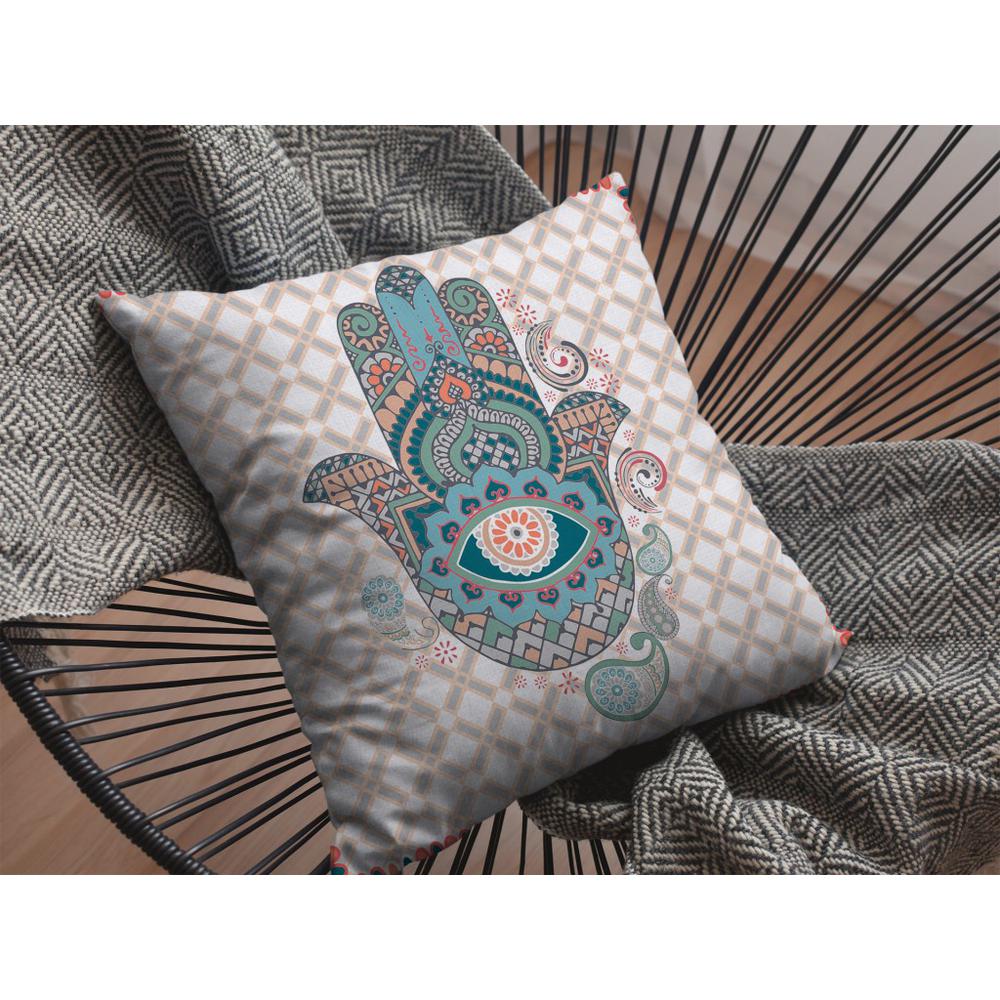 18” Blue Gray Hamsa Indoor Outdoor Throw Pillow. Picture 3