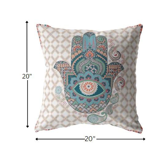 20” Blue Gray Hamsa Indoor Outdoor Throw Pillow. Picture 5