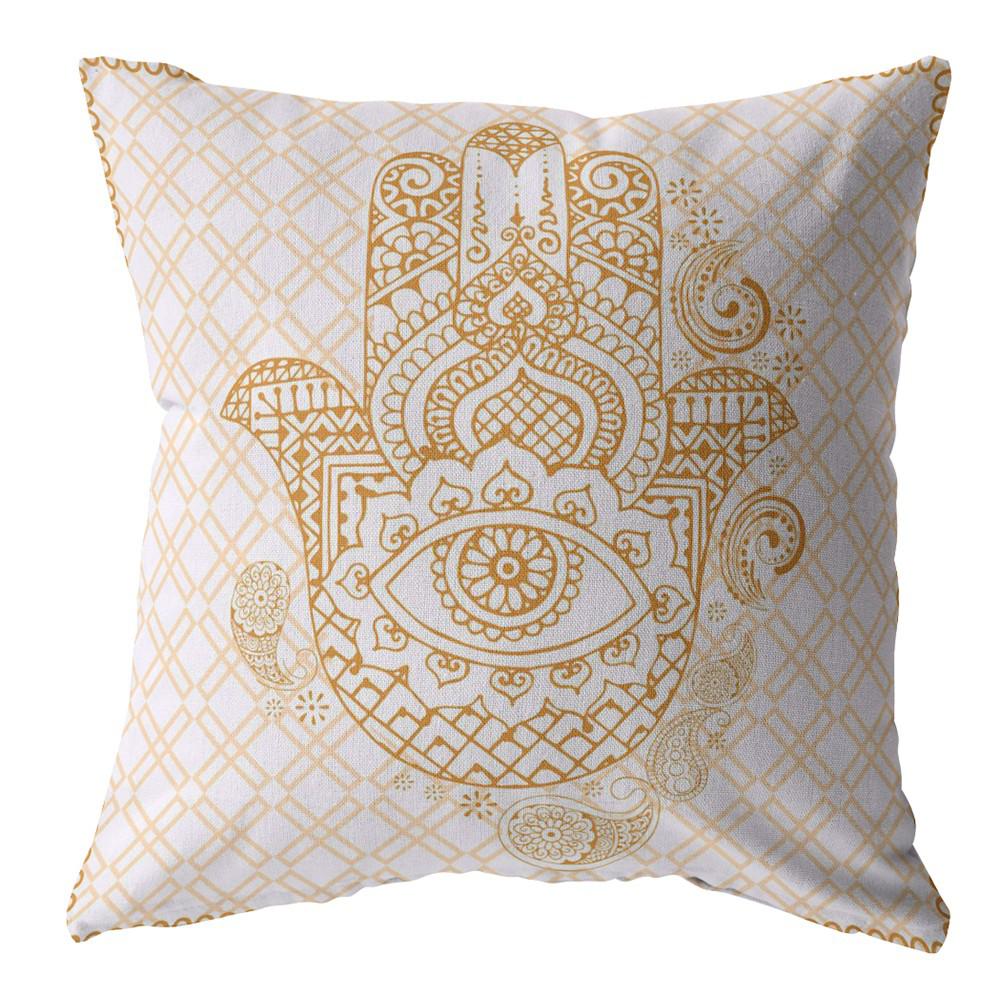 16” Gold White Hamsa Indoor Outdoor Throw Pillow. Picture 1