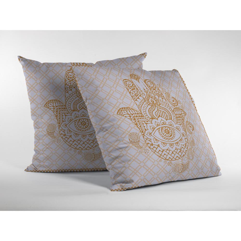 16” Gold White Hamsa Indoor Outdoor Throw Pillow. Picture 2