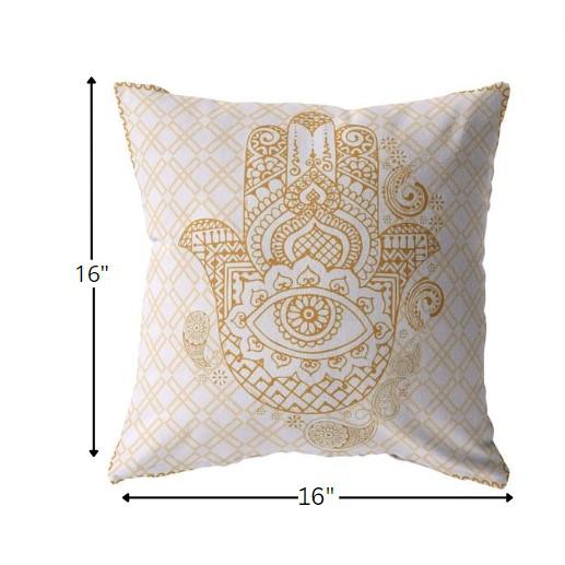 16” Gold White Hamsa Indoor Outdoor Throw Pillow. Picture 5