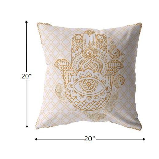 20” Gold White Hamsa Indoor Outdoor Throw Pillow. Picture 5