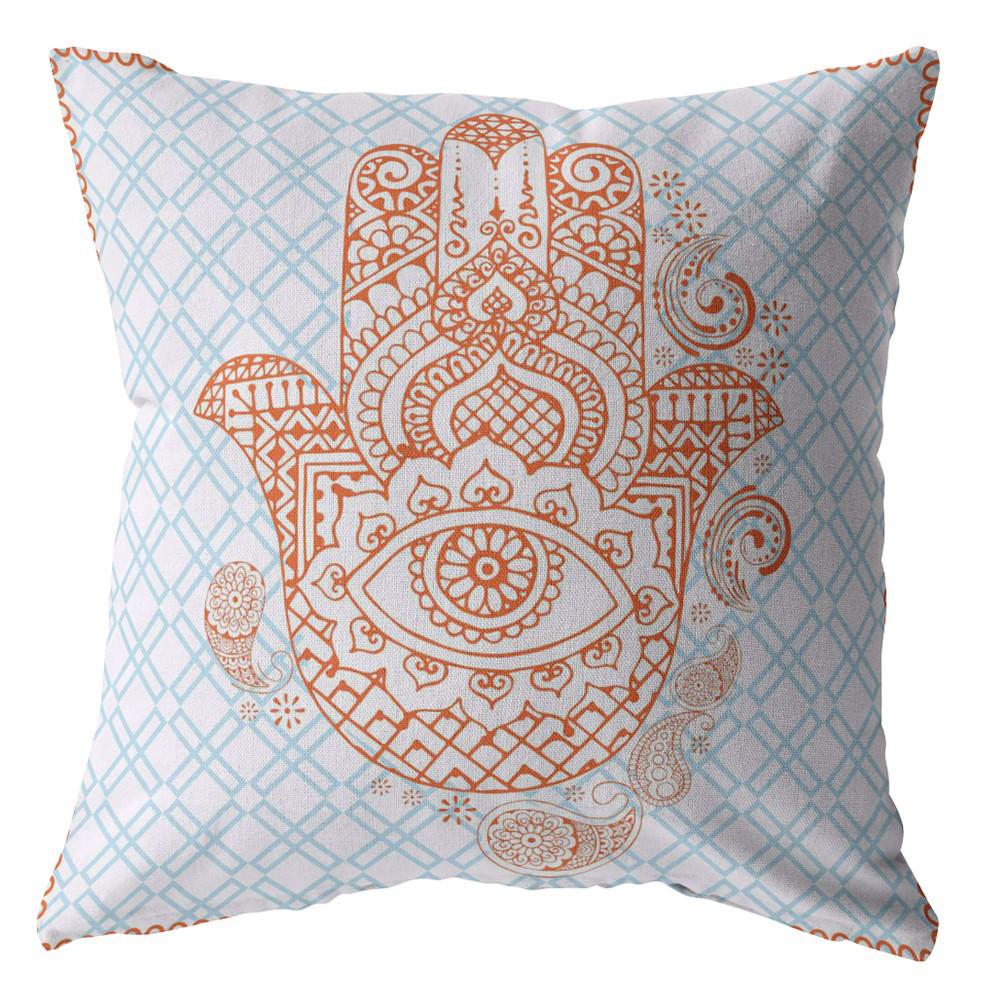 16” Blue Orange Hamsa Indoor Outdoor Throw Pillow. Picture 1