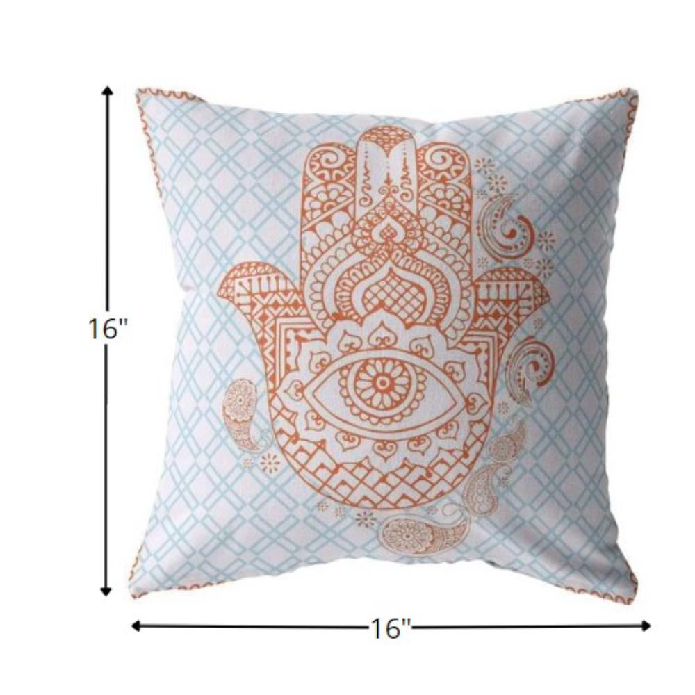 16” Blue Orange Hamsa Indoor Outdoor Throw Pillow. Picture 5