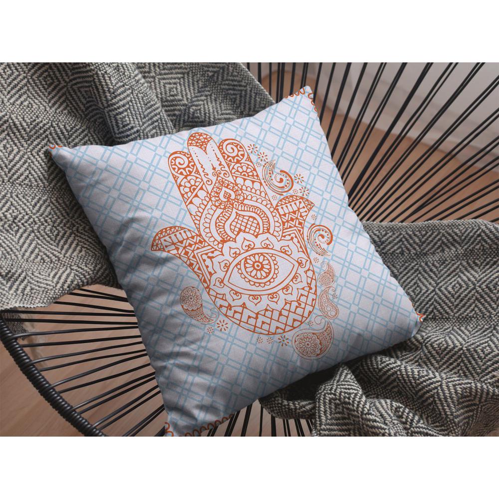 18” Blue Orange Hamsa Indoor Outdoor Throw Pillow. Picture 4