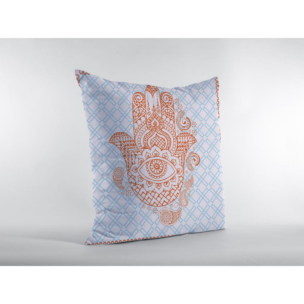 18” Blue Orange Hamsa Indoor Outdoor Throw Pillow. Picture 2
