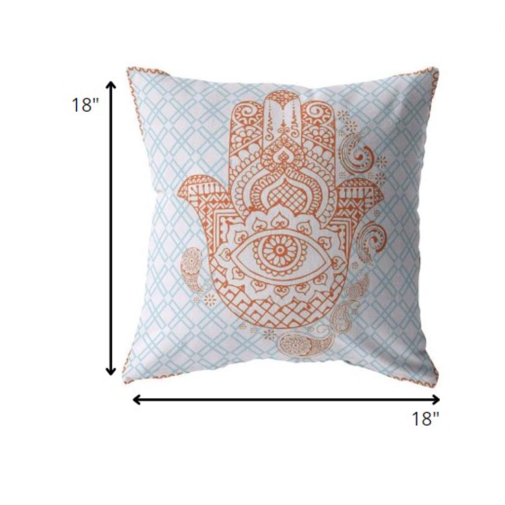 18” Blue Orange Hamsa Indoor Outdoor Throw Pillow. Picture 5