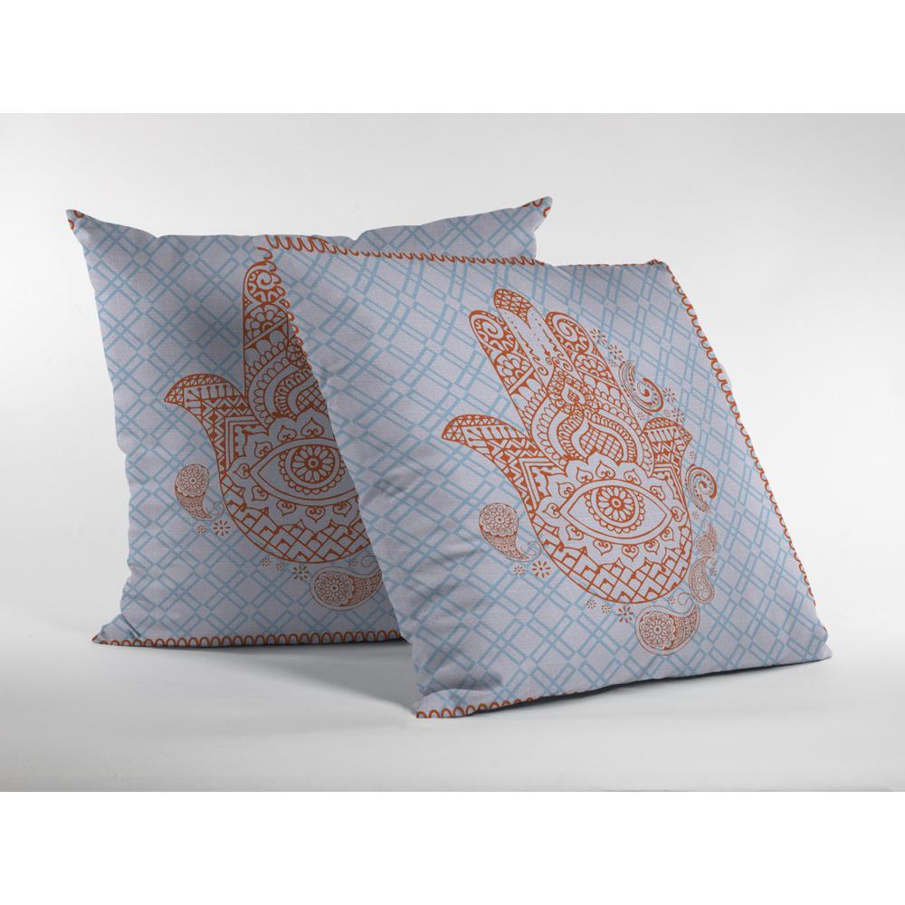 20” Blue Orange Hamsa Indoor Outdoor Throw Pillow. Picture 3