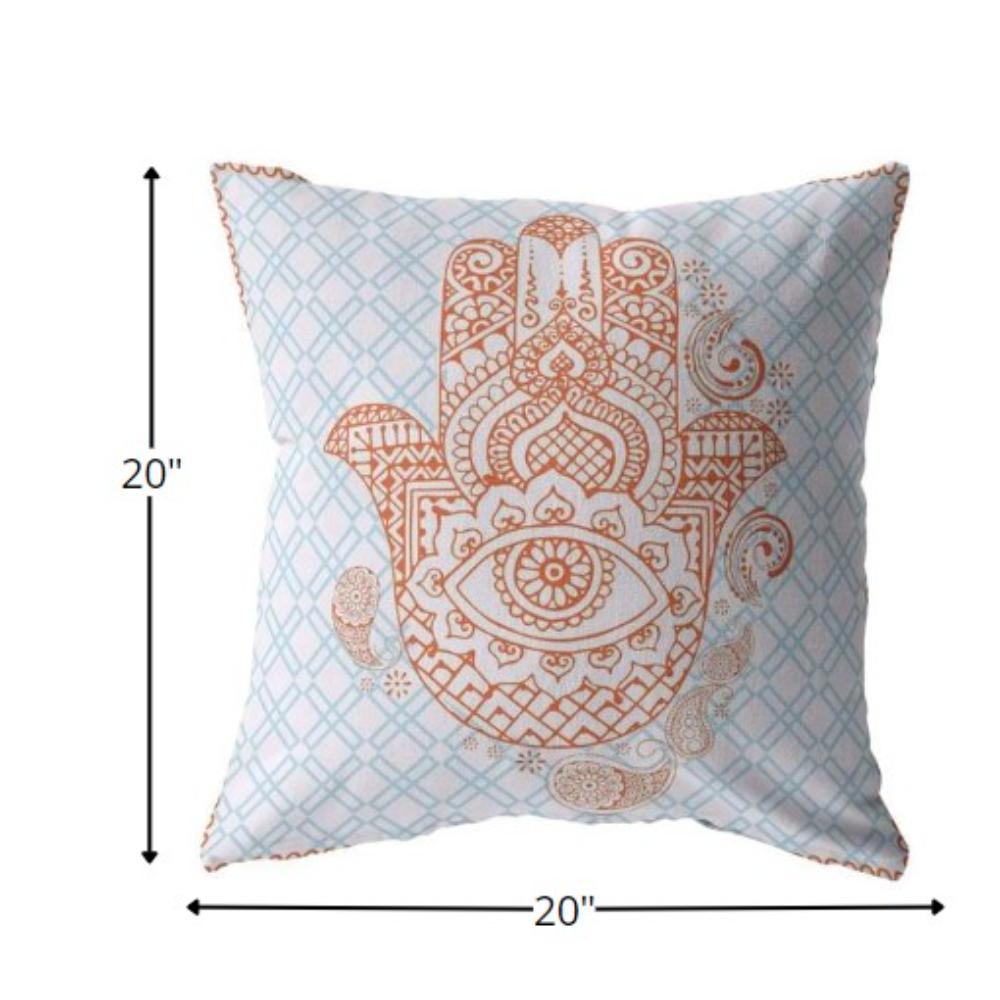 20” Blue Orange Hamsa Indoor Outdoor Throw Pillow. Picture 5