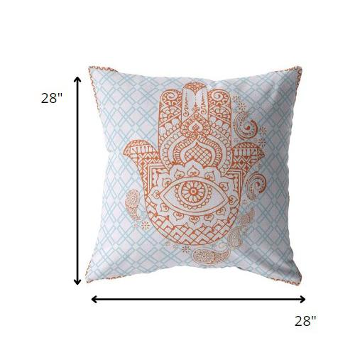 28” Blue Orange Hamsa Indoor Outdoor Throw Pillow. Picture 5