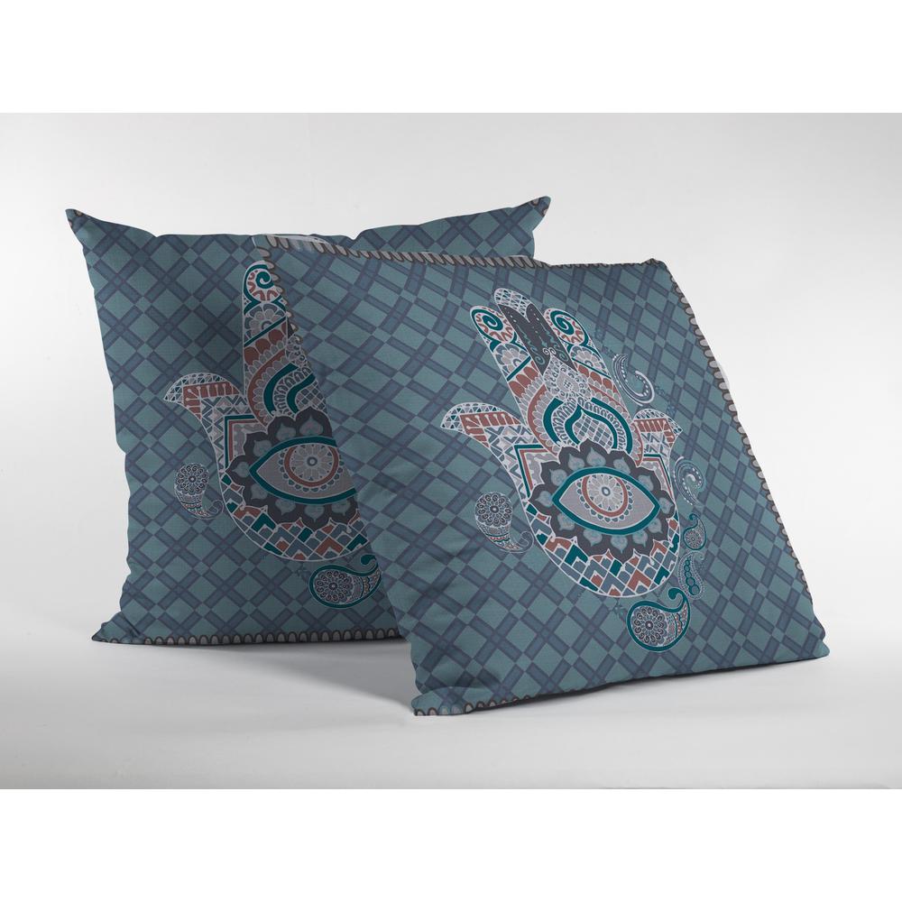 16” Slate Blue Hamsa Indoor Outdoor Throw Pillow. Picture 2