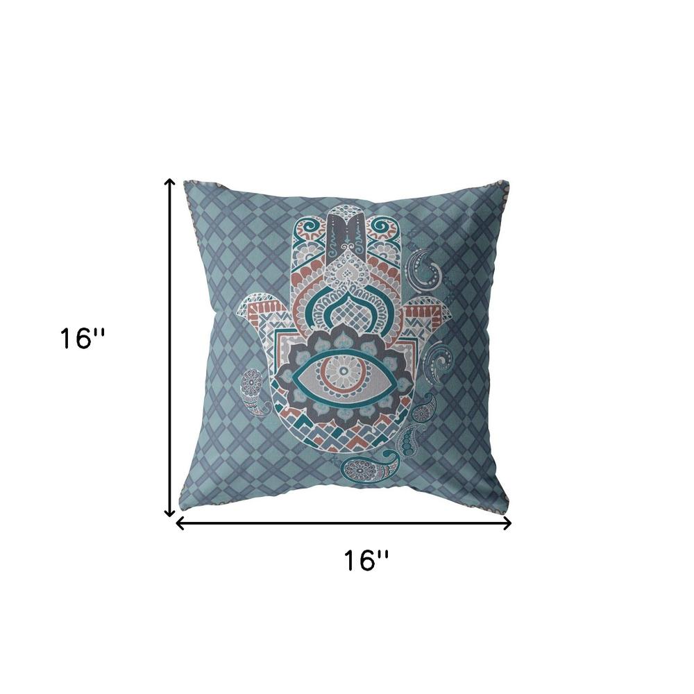 16” Slate Blue Hamsa Indoor Outdoor Throw Pillow. Picture 5