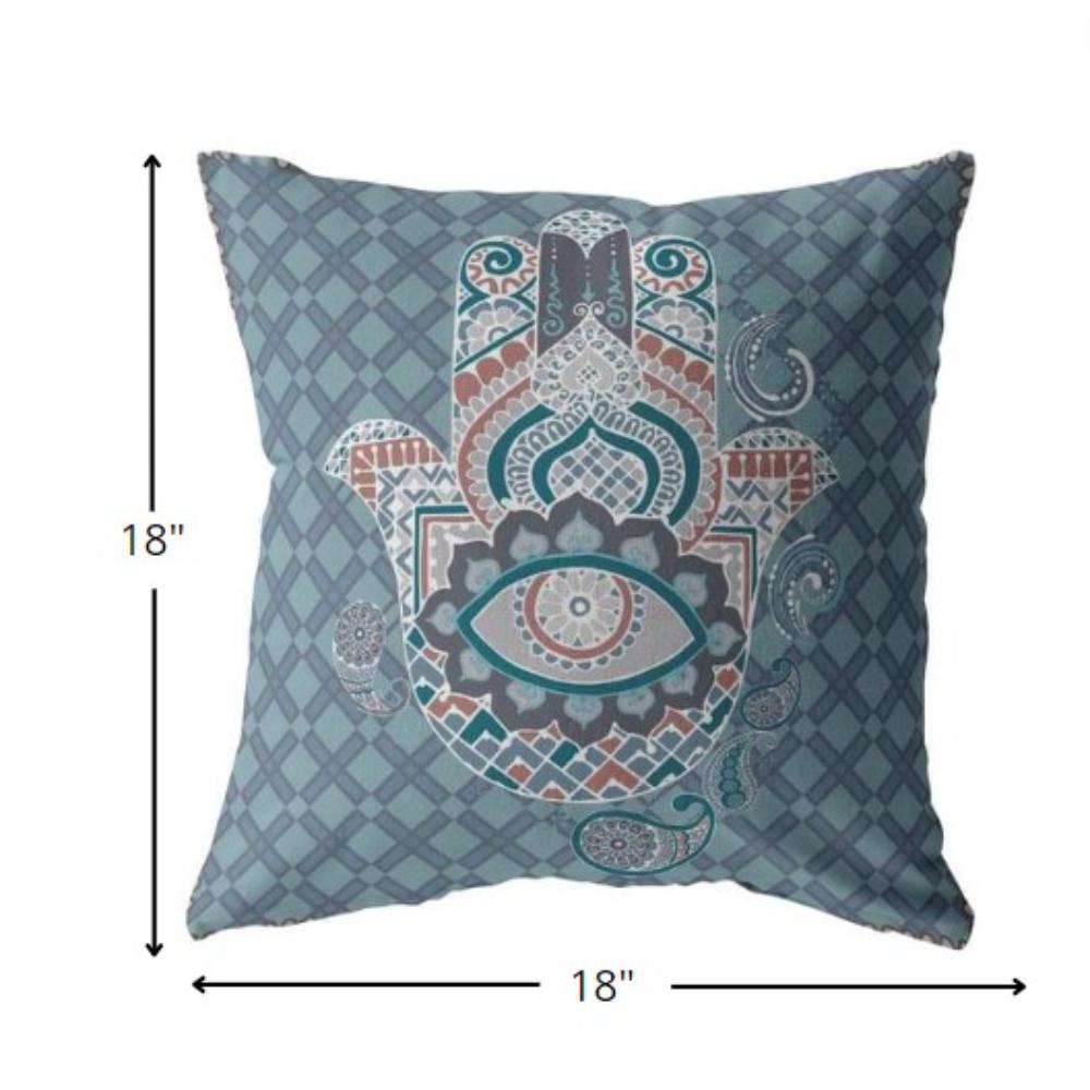 18” Slate Blue Hamsa Indoor Outdoor Throw Pillow. Picture 5