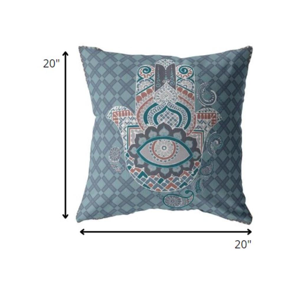 20” Slate Blue Hamsa Indoor Outdoor Throw Pillow. Picture 5