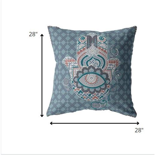 28” Slate Blue Hamsa Indoor Outdoor Throw Pillow. Picture 5