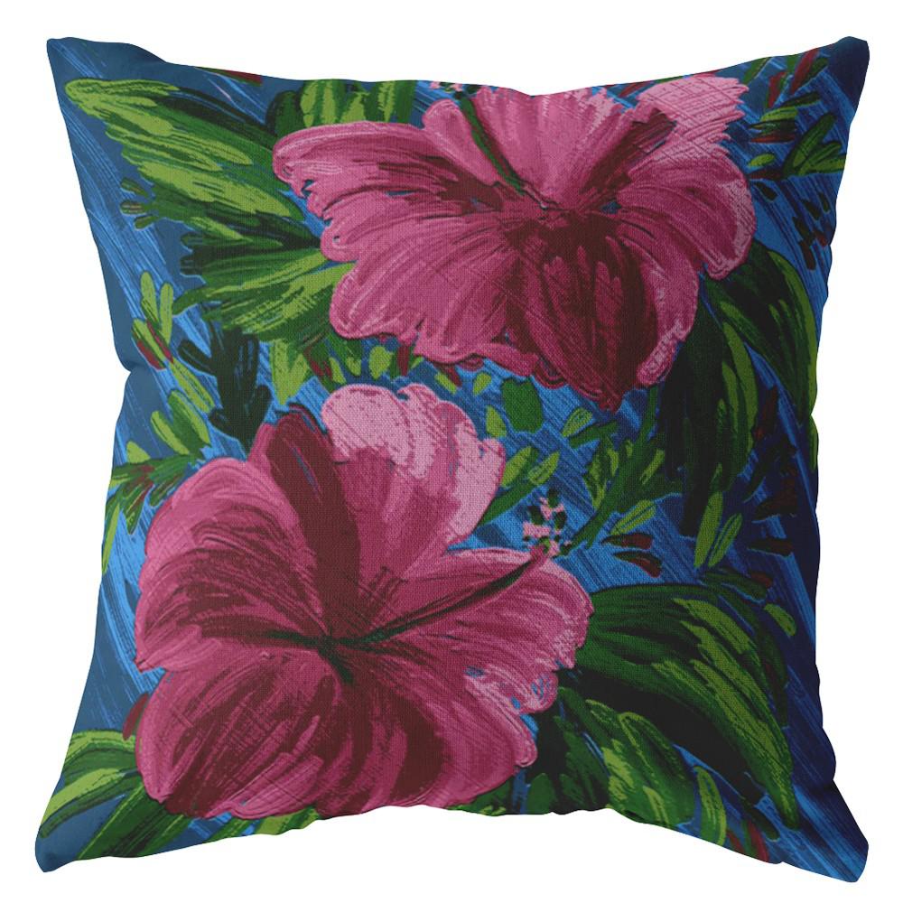 18” Pink Blue Hibiscus Indoor Outdoor Throw Pillow. Picture 1