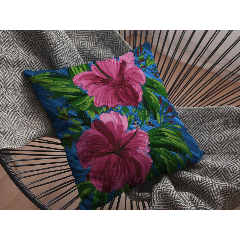 18” Pink Blue Hibiscus Indoor Outdoor Throw Pillow. Picture 4