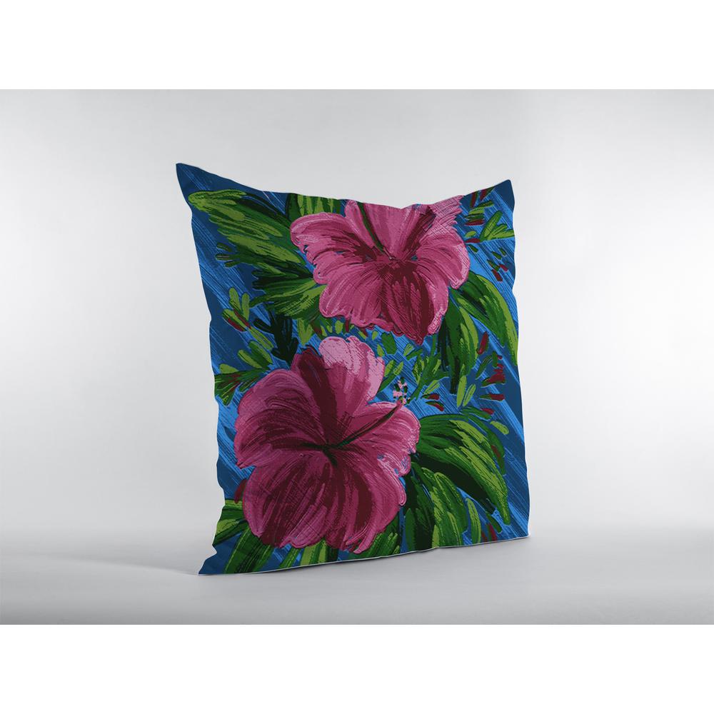 18” Pink Blue Hibiscus Indoor Outdoor Throw Pillow. Picture 2