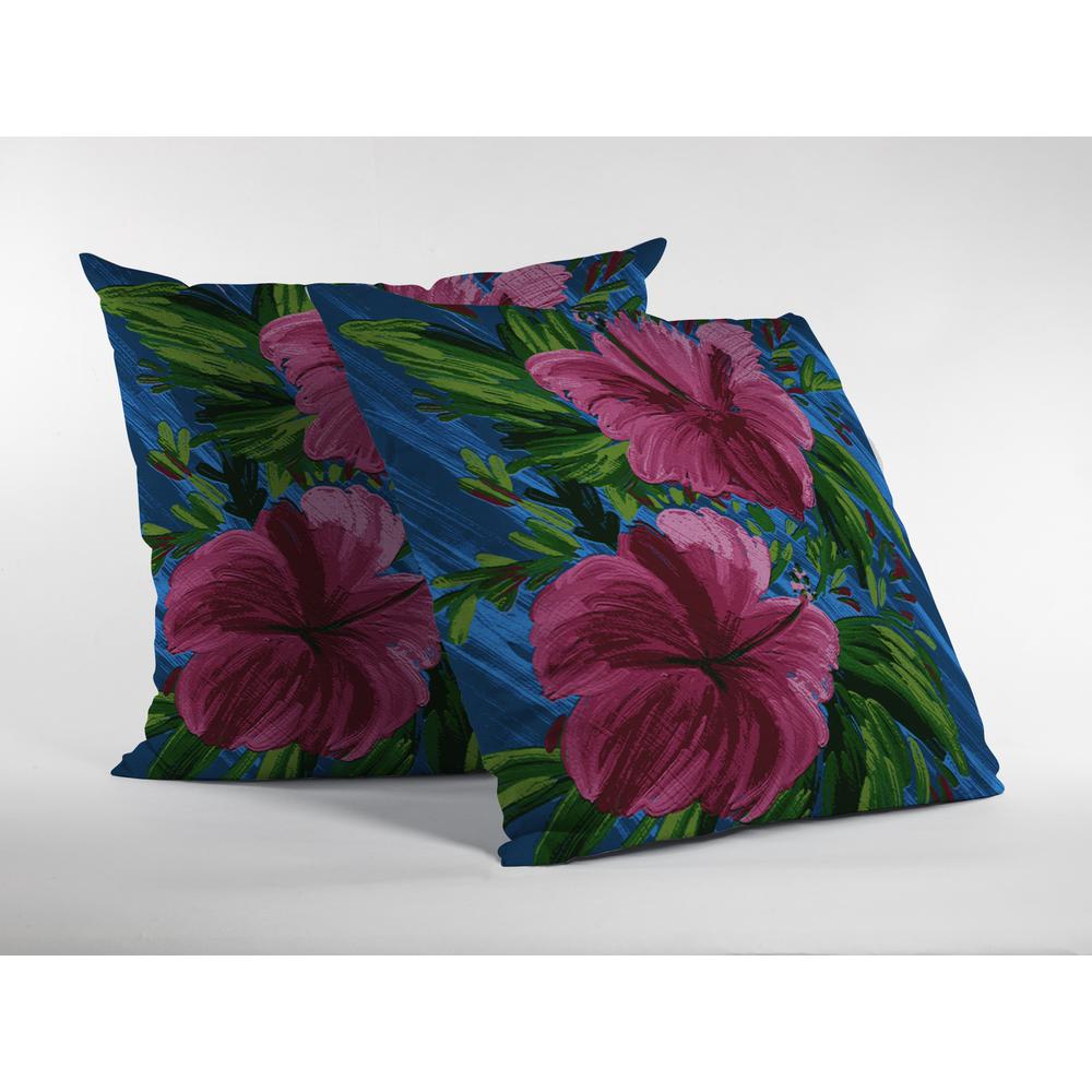 18” Pink Blue Hibiscus Indoor Outdoor Throw Pillow. Picture 3