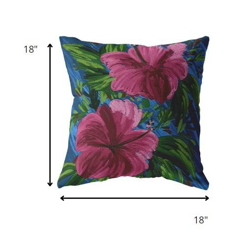 18” Pink Blue Hibiscus Indoor Outdoor Throw Pillow. Picture 5