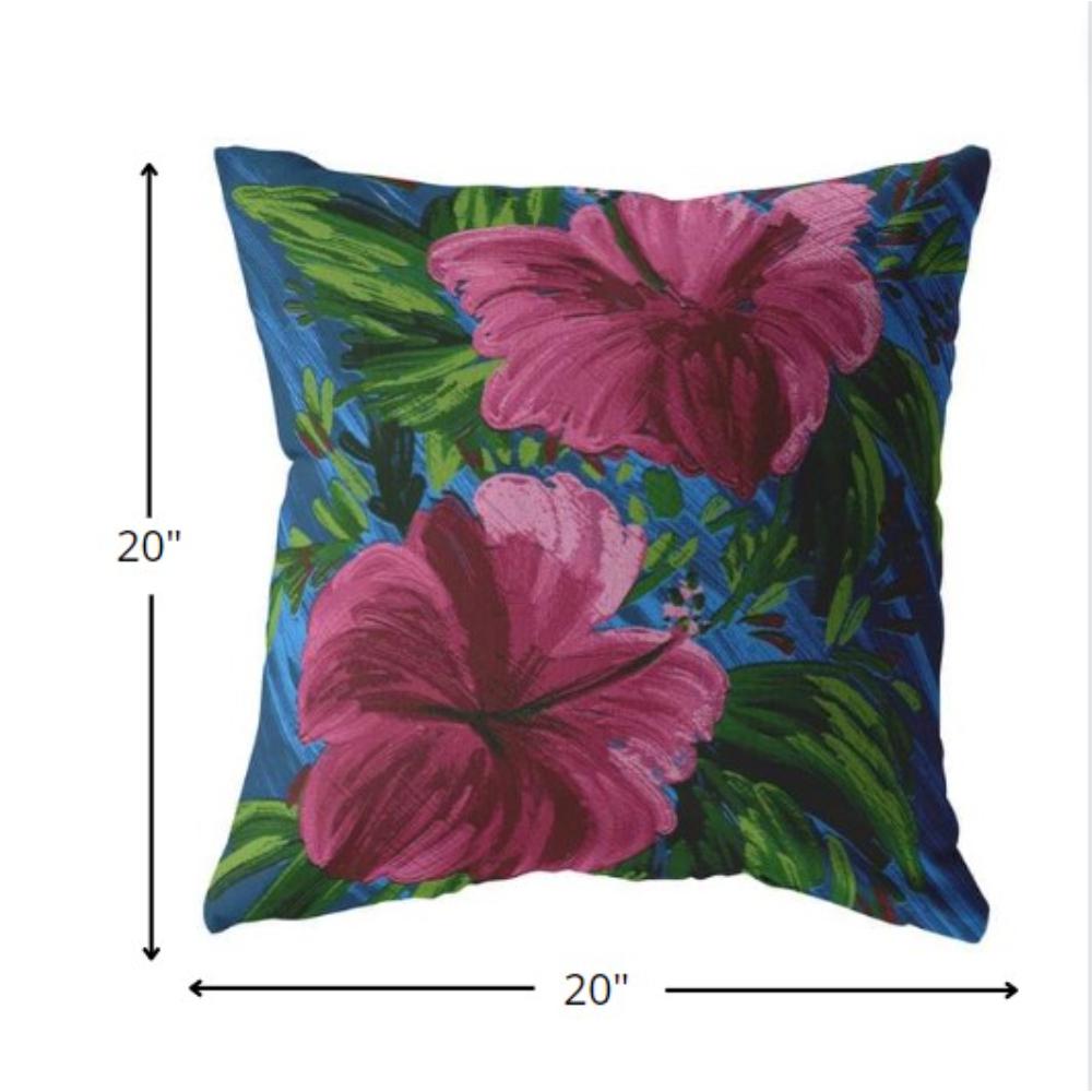 20” Pink Blue Hibiscus Indoor Outdoor Throw Pillow. Picture 6