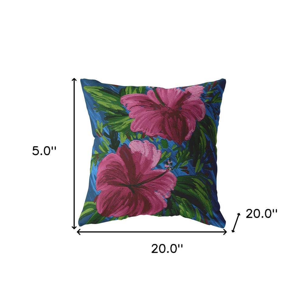 20” Pink Blue Hibiscus Indoor Outdoor Throw Pillow. Picture 5