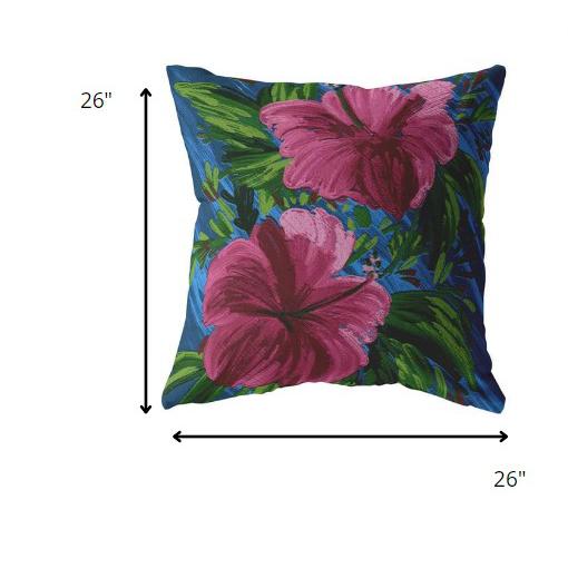 26” Pink Blue Hibiscus Indoor Outdoor Throw Pillow. Picture 5