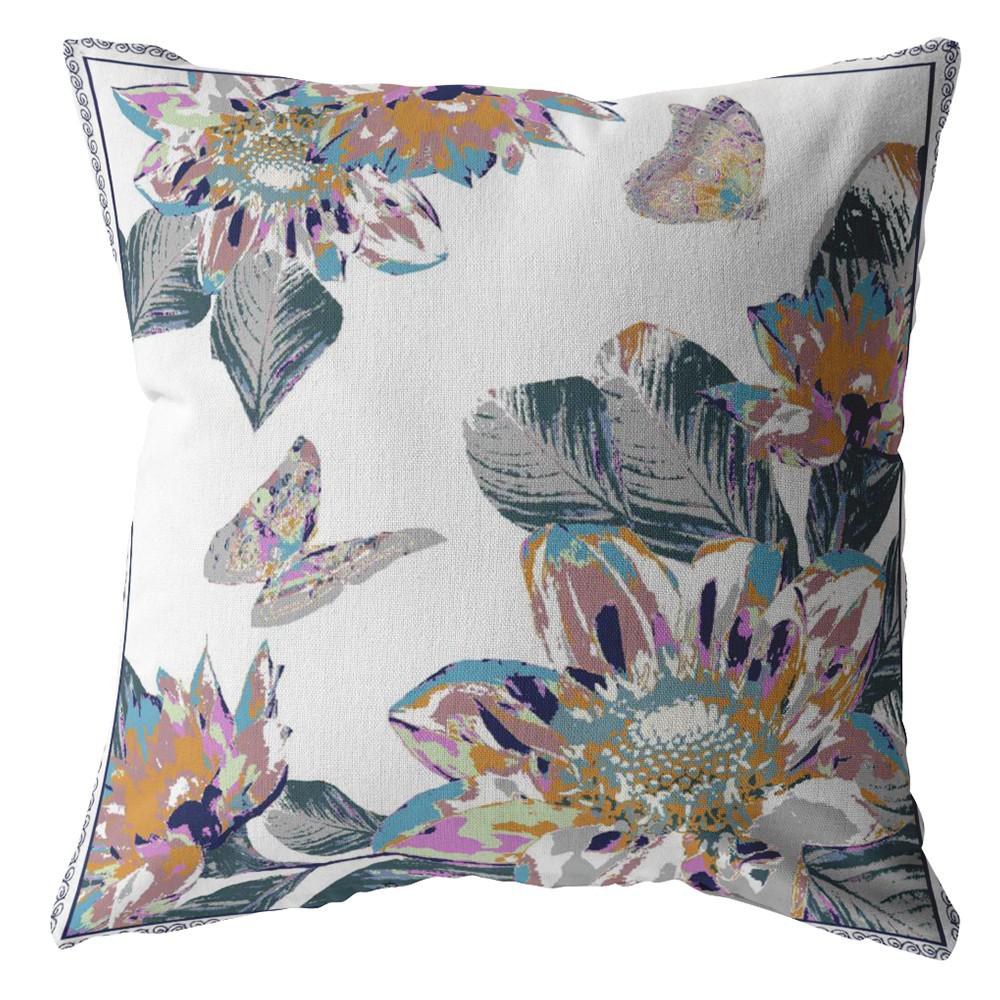 16” Pink White Butterfly Indoor Outdoor Throw Pillow. Picture 1