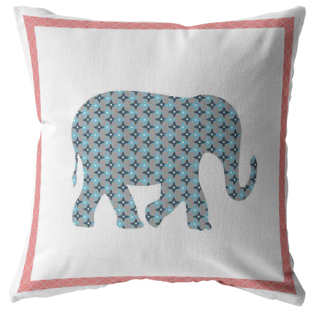 20” Blue Pink Elephant Indoor Outdoor Throw Pillow. Picture 1