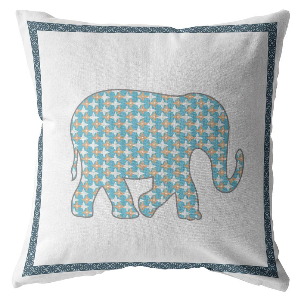 16” Blue White Elephant Indoor Outdoor Throw Pillow. Picture 1