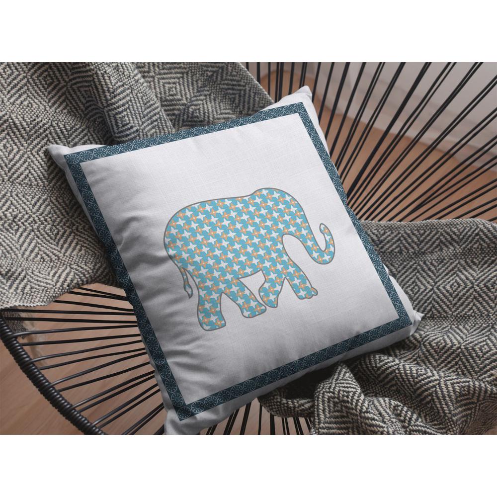 18” Blue White Elephant Indoor Outdoor Throw Pillow. Picture 3