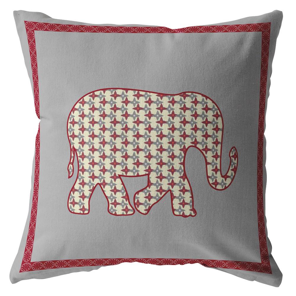 16” Red Gray Elephant Indoor Outdoor Throw Pillow. Picture 1