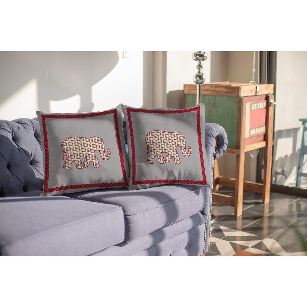 28” Red Gray Elephant Indoor Outdoor Throw Pillow. Picture 4