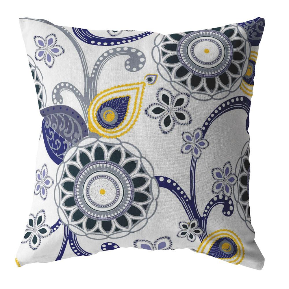 16” Navy White Floral Indoor Outdoor Throw Pillow. Picture 1