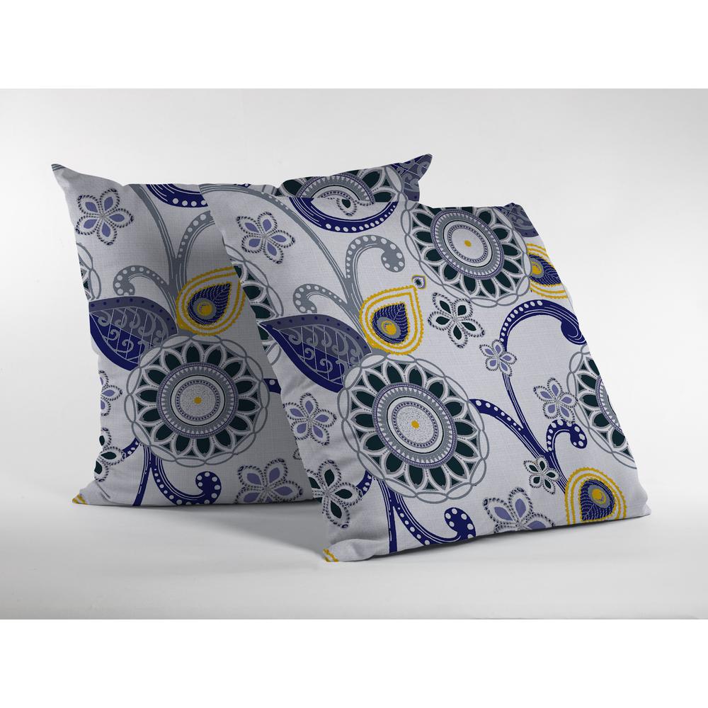 16” Navy White Floral Indoor Outdoor Throw Pillow. Picture 2