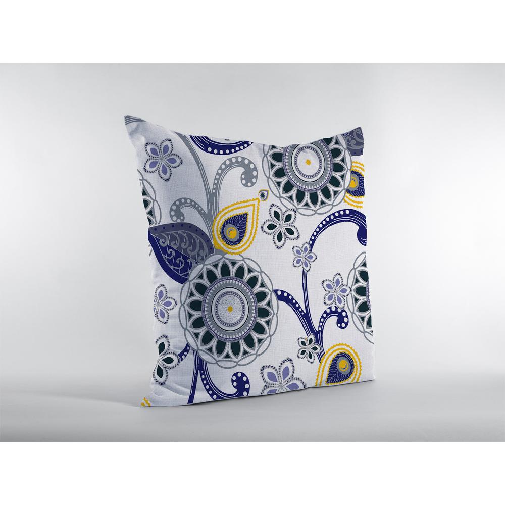 16” Navy White Floral Indoor Outdoor Throw Pillow. Picture 3
