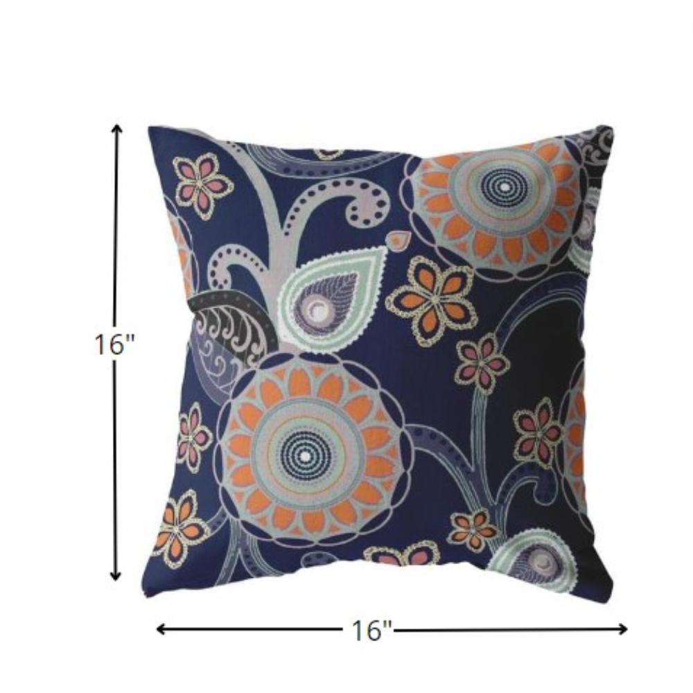 16” Indigo Orange Floral Indoor Outdoor Throw Pillow. Picture 5