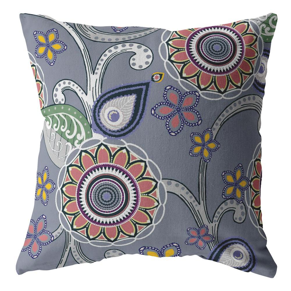 16” Gray Pink Floral Indoor Outdoor Throw Pillow. Picture 1