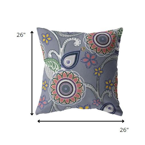 26” Gray Pink Floral Indoor Outdoor Throw Pillow. Picture 5