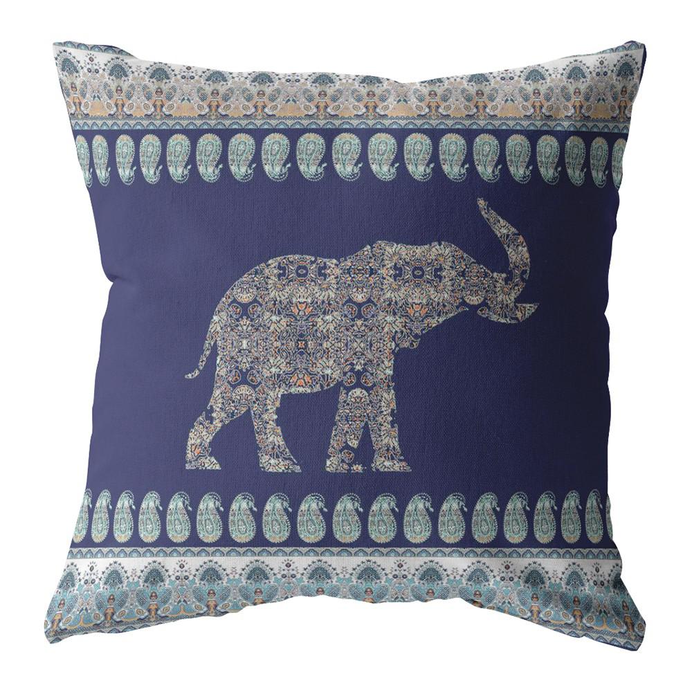16” Navy Ornate Elephant Indoor Outdoor Throw Pillow. Picture 1