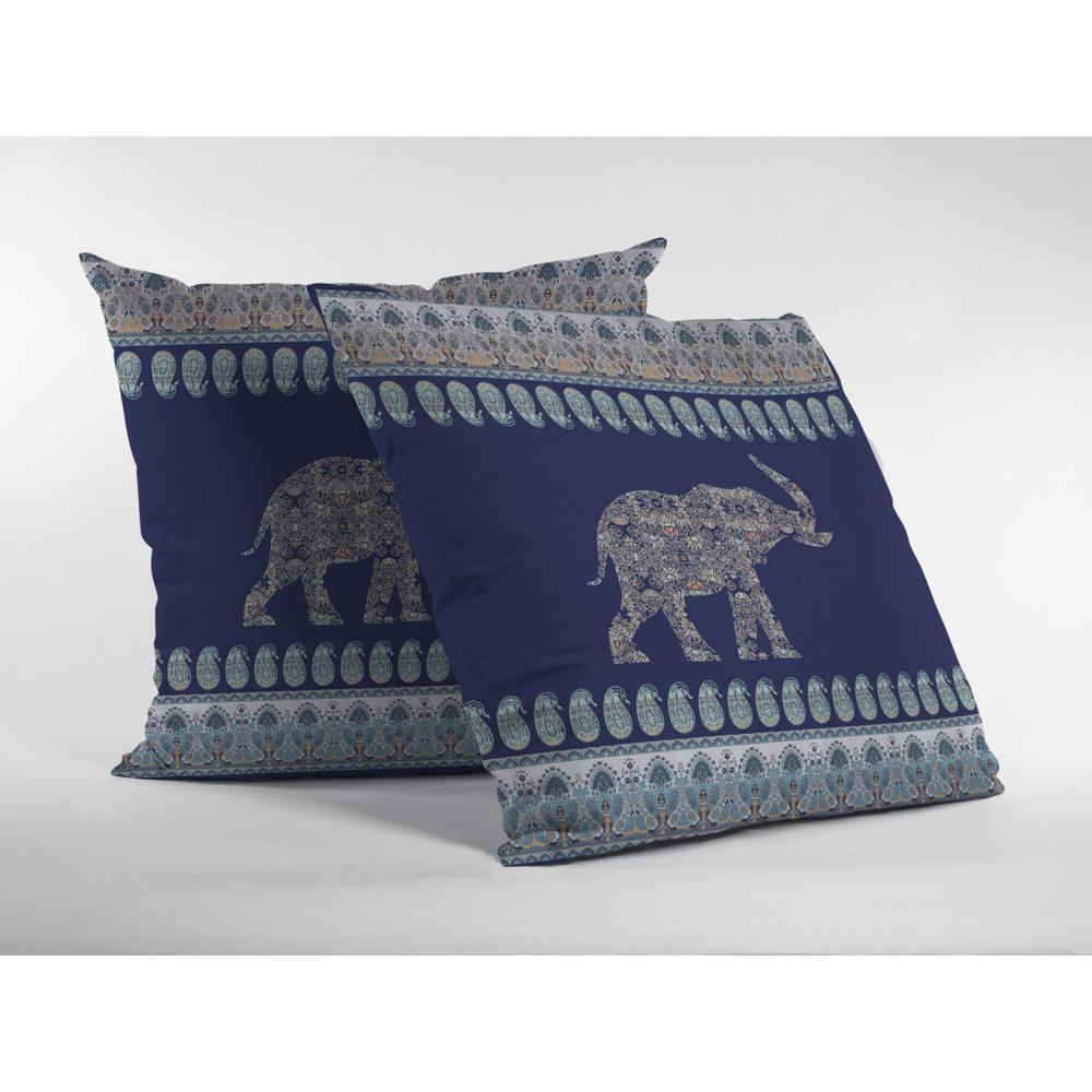 16” Navy Ornate Elephant Indoor Outdoor Throw Pillow. Picture 2