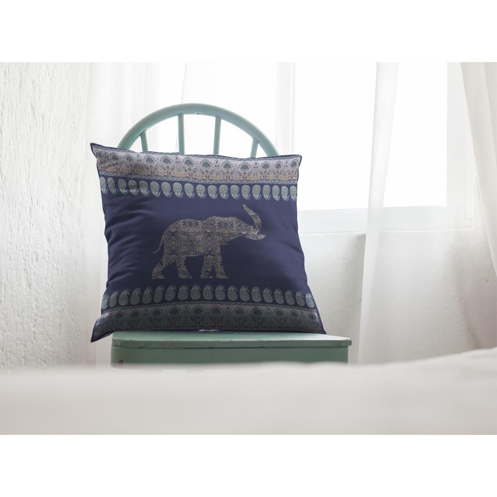 16” Navy Ornate Elephant Indoor Outdoor Throw Pillow. Picture 3