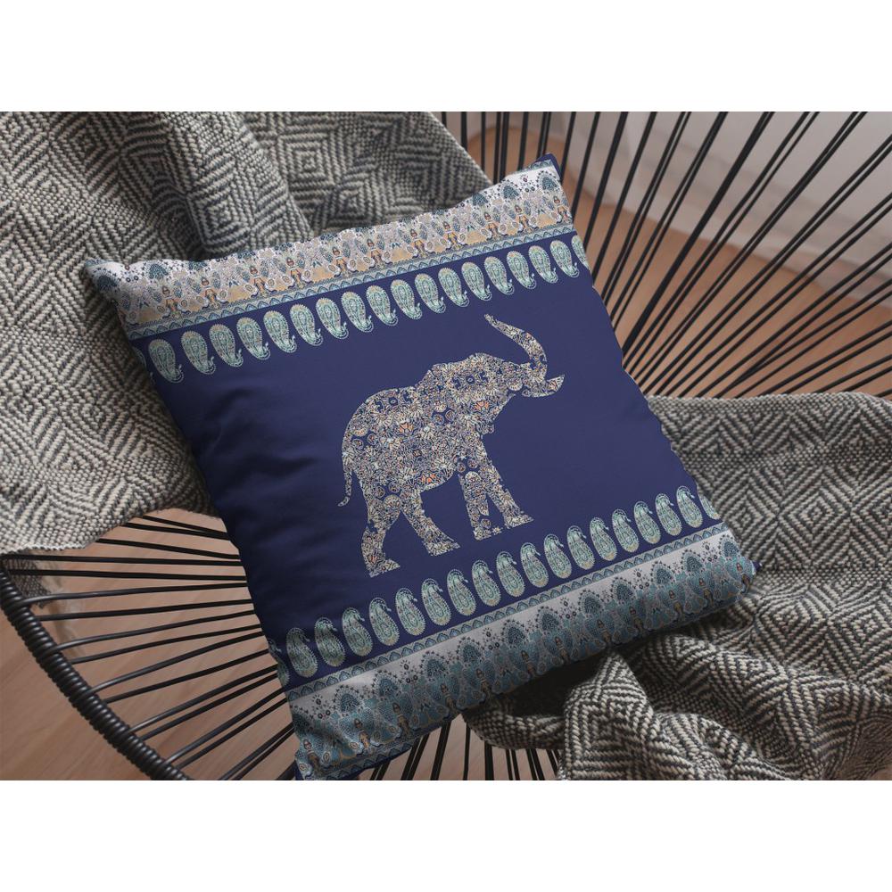 16” Navy Ornate Elephant Indoor Outdoor Throw Pillow. Picture 4